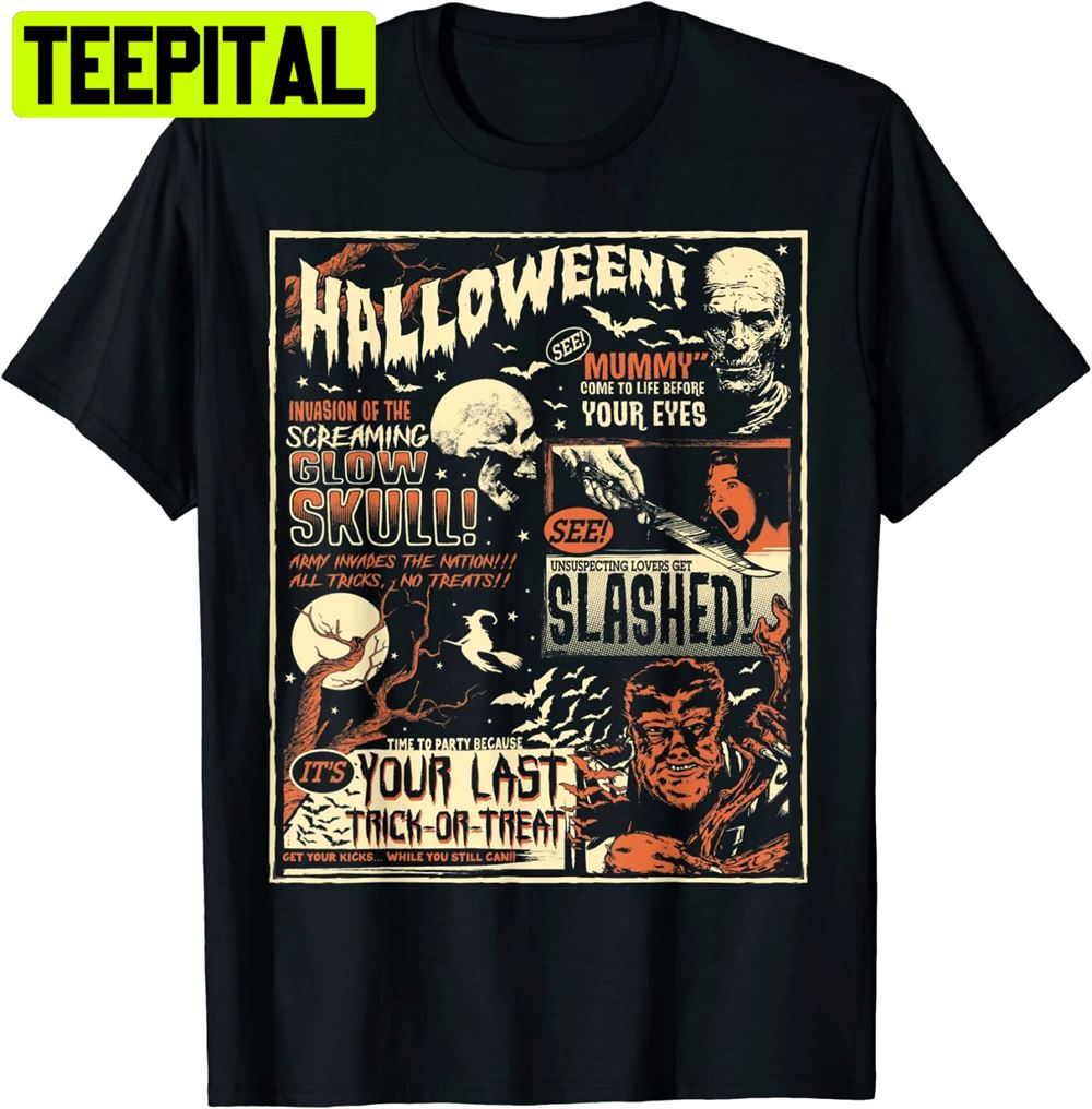 Vintage Horror Movie Poster Terror Old Time Halloween Unisex T-Shirt Vintage Horror Movie Poster Terror Old Time Halloween Unisex T-Shirt
