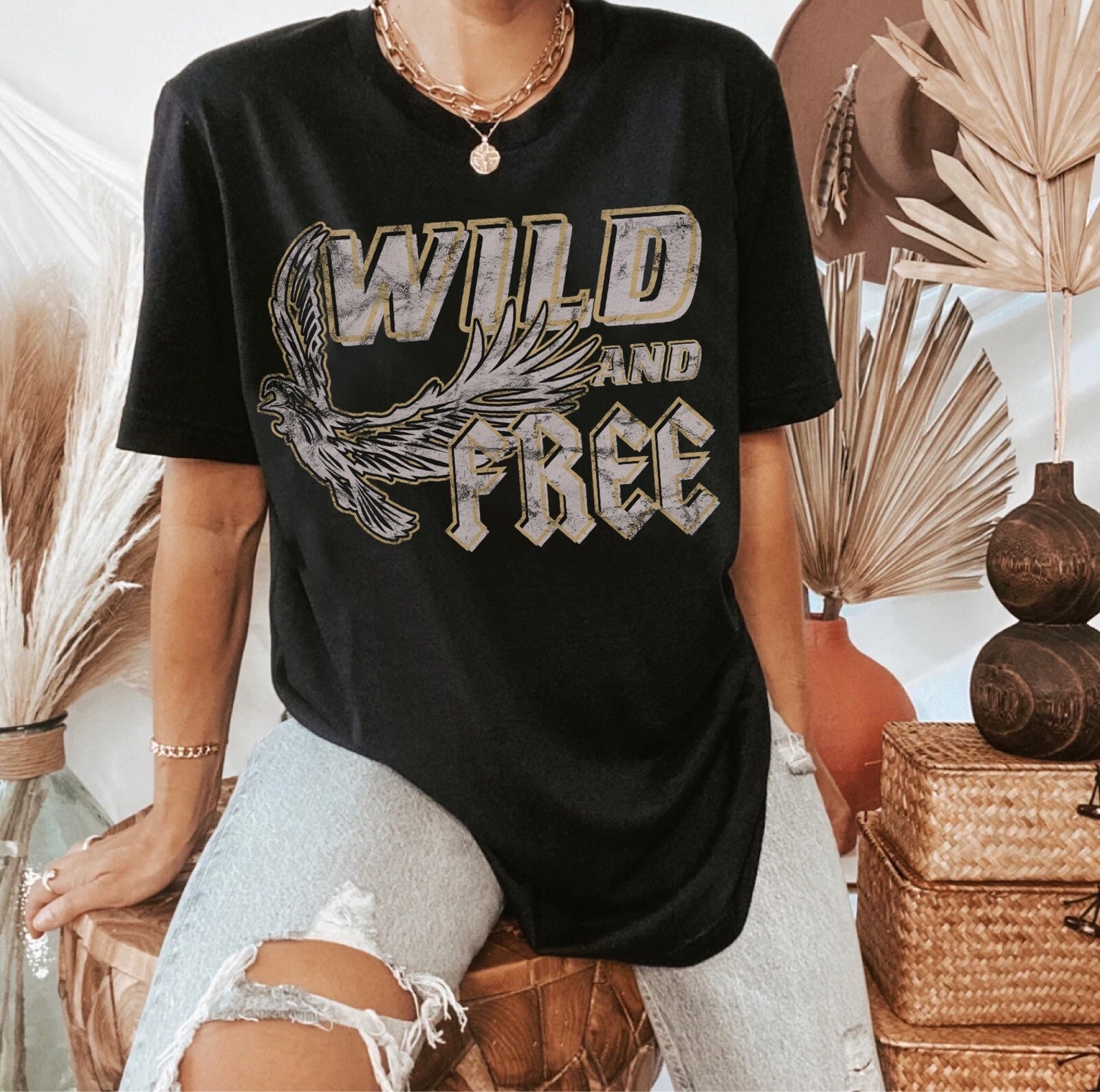 Wild and Free Distressed Rocker Graphic Tee Free Bird T-Shirt Wild and Free Distressed Rocker Graphic Tee Free Bird T-Shirt