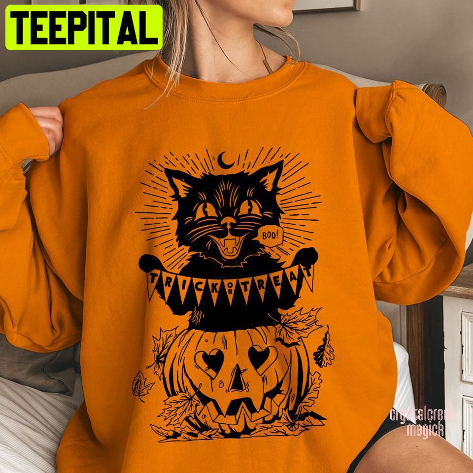 Black Cat Say Boo Trick Or Treat Halloween And Pumpkin Unisex Sweatshirt Black Cat Say Boo Trick Or Treat Halloween And Pumpkin Unisex Sweatshirt