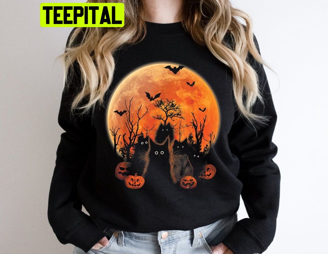 Black Cats And Pumpkins Full Moon Vintage Halloween Unisex Sweatshirt Black Cats And Pumpkins Full Moon Vintage Halloween Unisex Sweatshirt