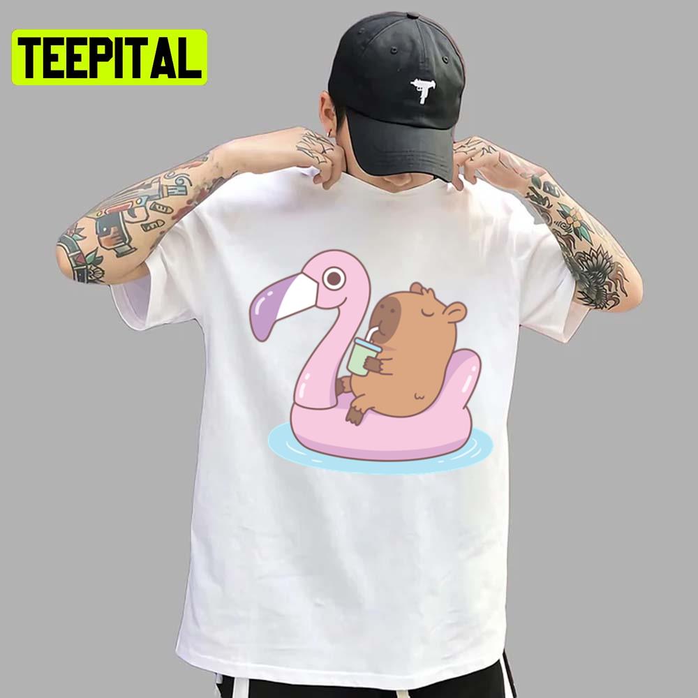 Cute Capybara Chilling On Pink Flamingo Pool Float Unisex T-Shirt Cute Capybara Chilling On Pink Flamingo Pool Float Unisex T-Shirt