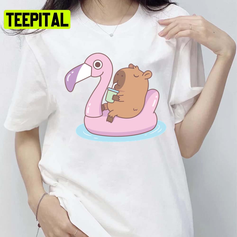 Cute Capybara Chilling On Pink Flamingo Pool Float Unisex T-Shirt Cute Capybara Chilling On Pink Flamingo Pool Float Unisex T-Shirt