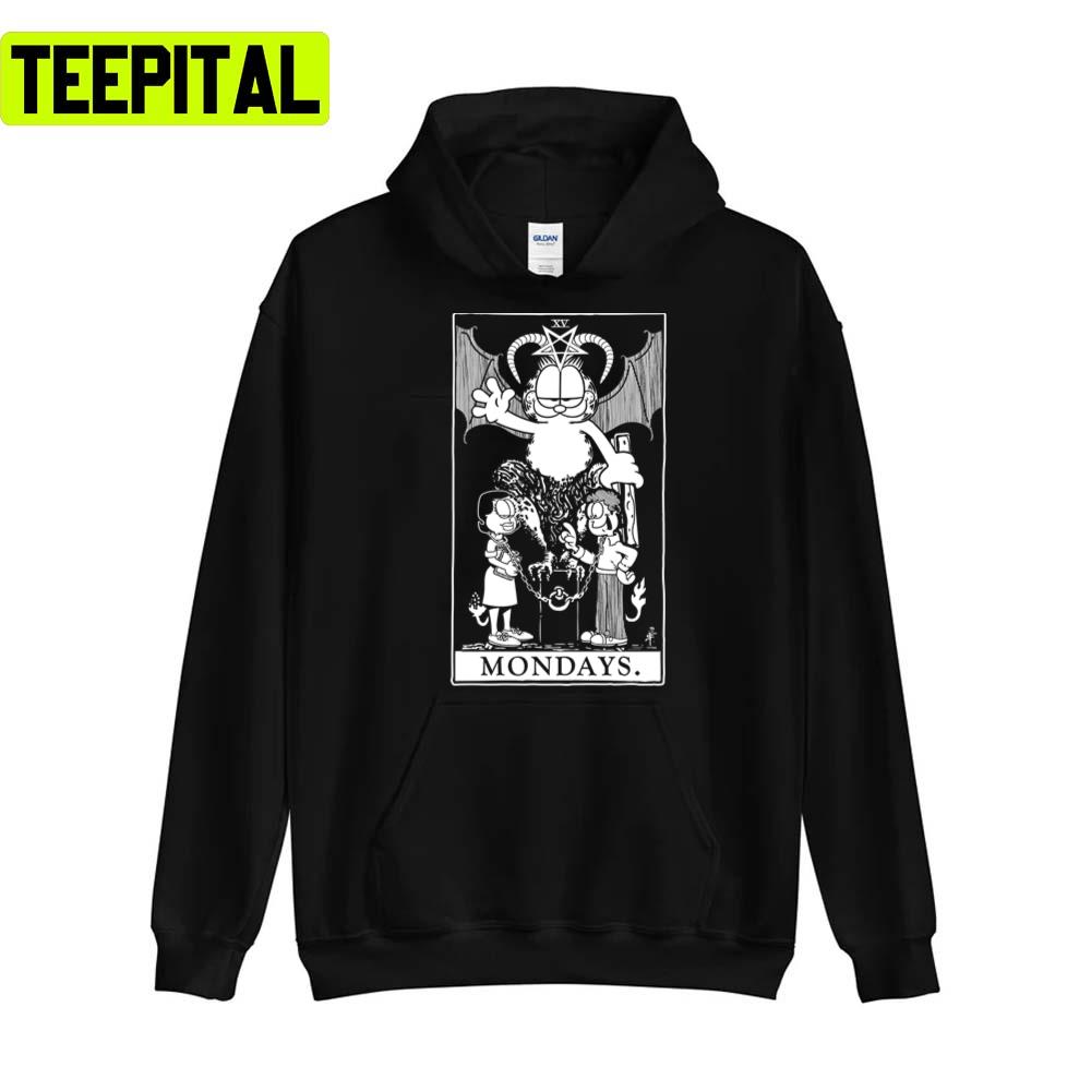 Garfield Tarot Mondays White Ink Halloween Design Unisex T-Shirt Garfield Tarot Mondays White Ink Halloween Design Unisex T-Shirt
