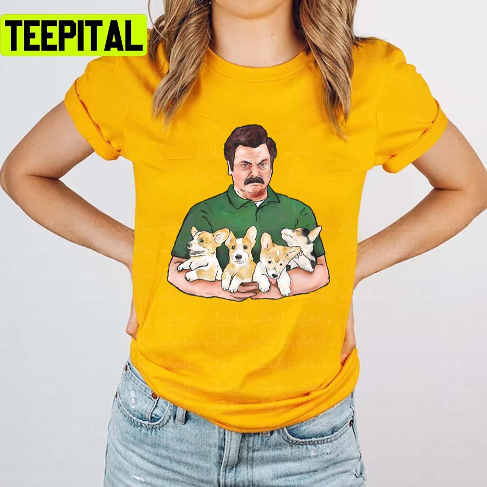 Holding Corgi Puppies Ron Swanson Unisex T-Shirt Holding Corgi Puppies Ron Swanson Unisex T-Shirt