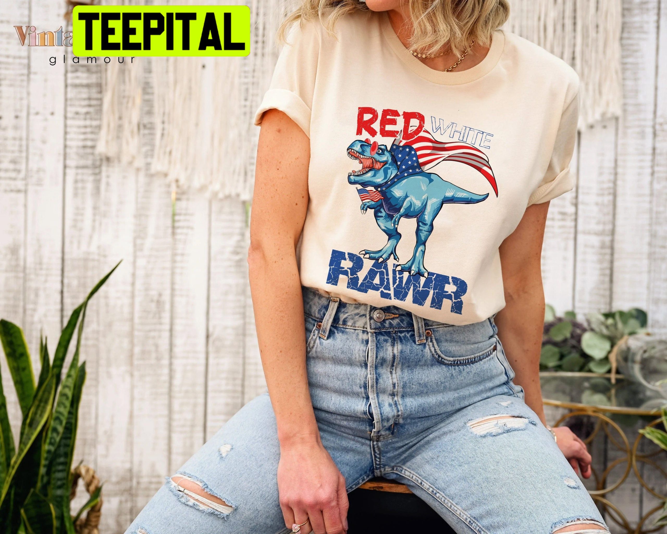 Red White & Rawr Dinosaur Unisex T-Shirt Red White & Rawr Dinosaur Unisex T-Shirt