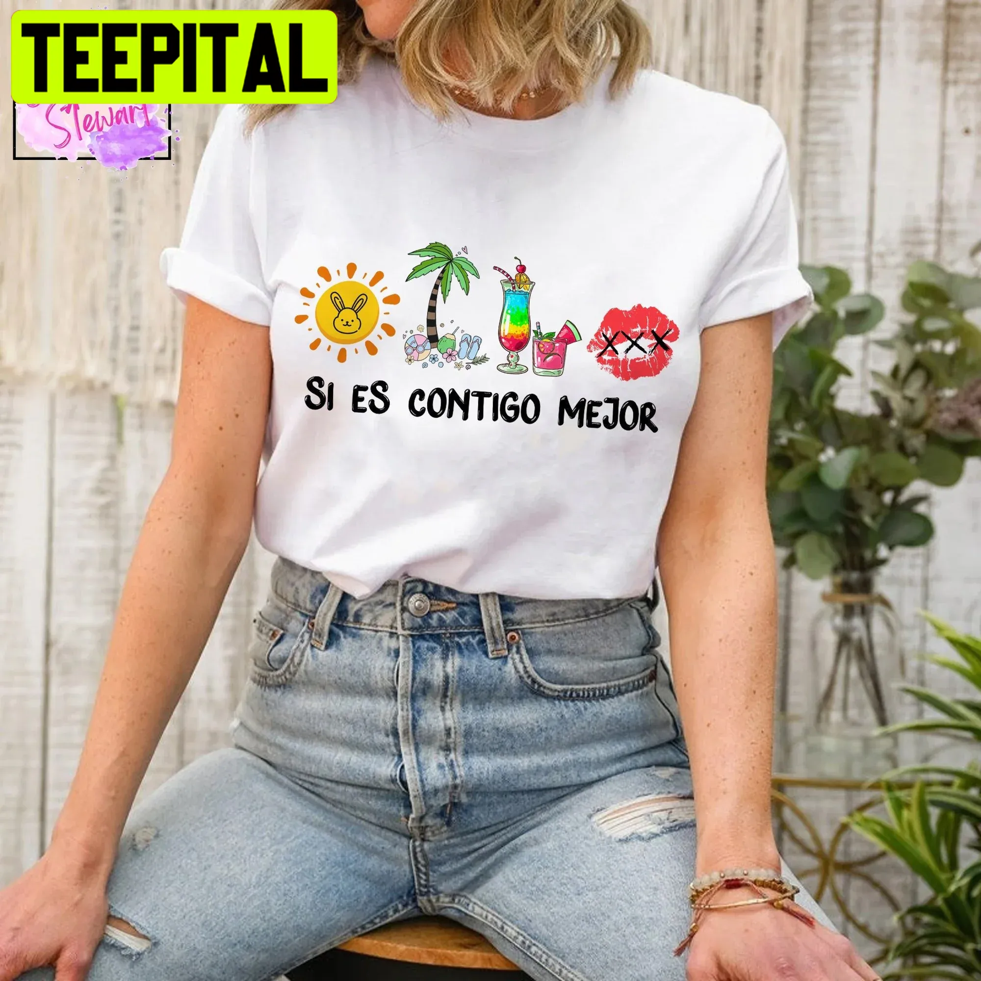 Si Es Contigo Mejor Bad Bunny Sad Heart Unisex T-Shirt Si Es Contigo Mejor Bad Bunny Sad Heart Unisex T-Shirt