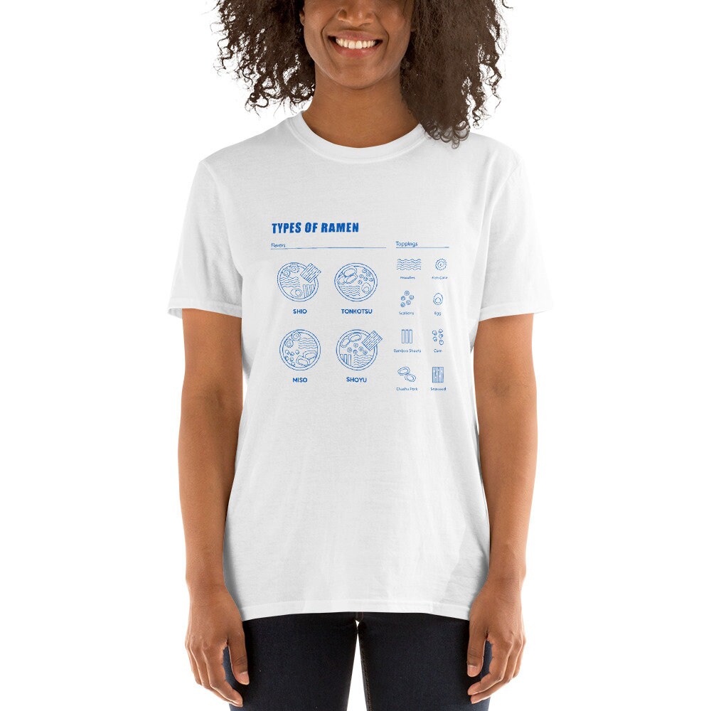 Types Of Ramen Sleeve Printing Unique Cool Blue And White Unisex T-Shirt Types Of Ramen Sleeve Printing Unique Cool Blue And White Unisex T-Shirt