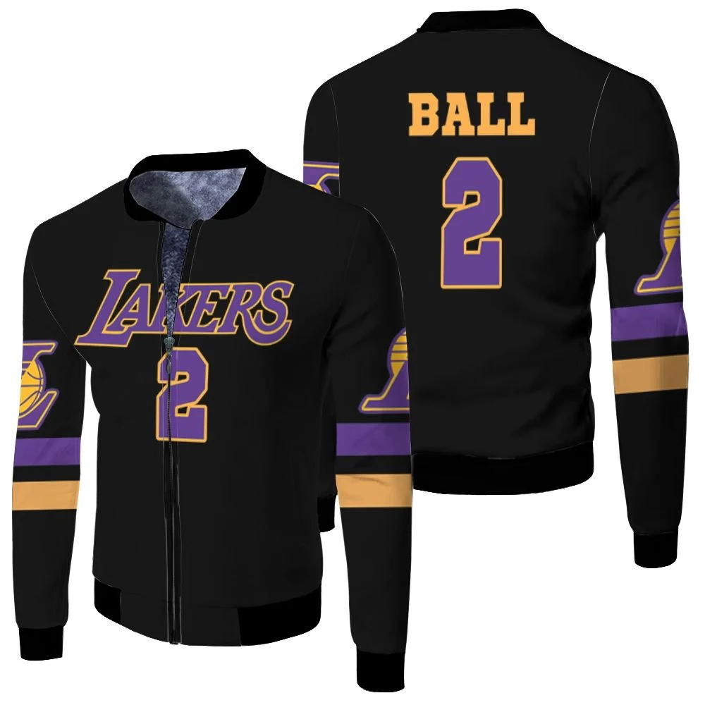 02 Lonzo Ball Lakers Jersey Inspired Style Fleece Bomber Jacket 02 Lonzo Ball Lakers Jersey Inspired Style Fleece Bomber Jacket