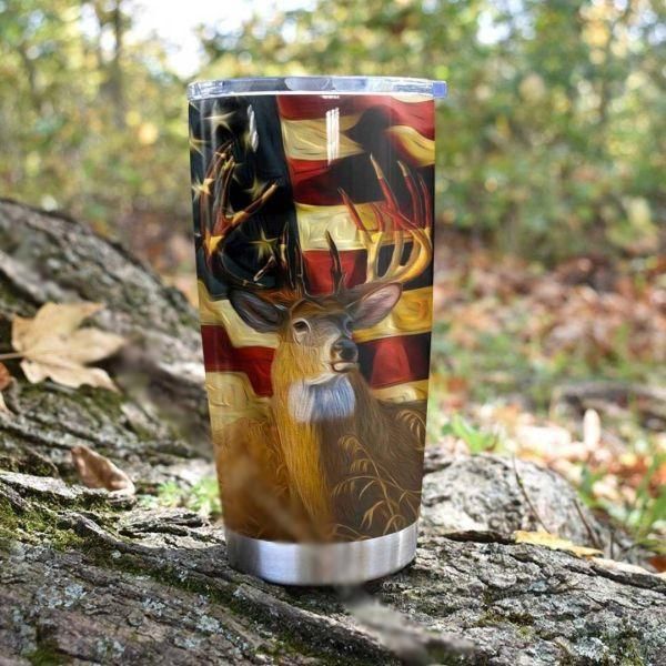 American Flag And Whitetail Deer Stainless Steel Cup American Flag And Whitetail Deer Stainless Steel Cup