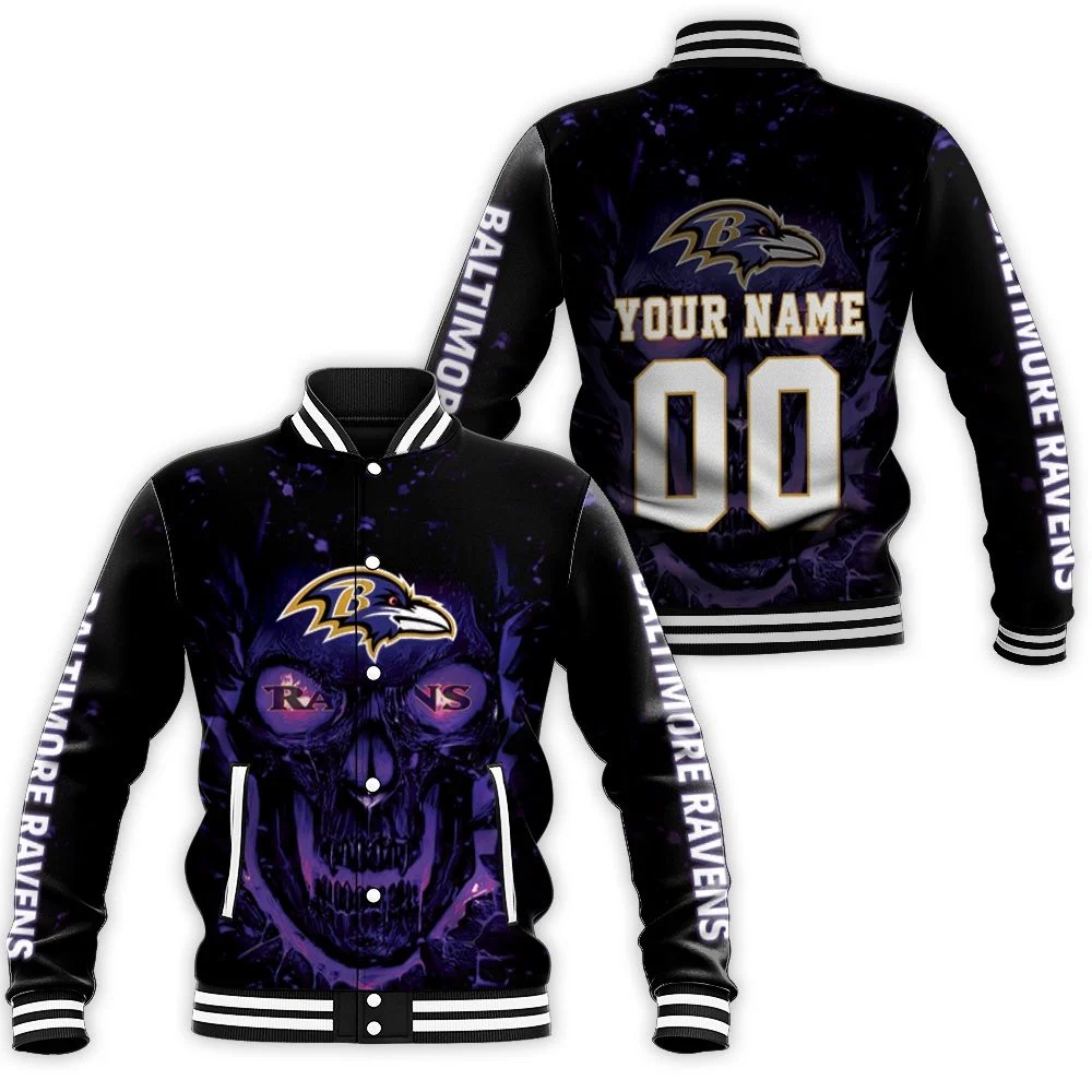 Baltimore Ravens Nfl Skull For Fan 3d Personalized Baseball Jacket Baltimore Ravens Nfl Skull For Fan 3d Personalized Baseball Jacket