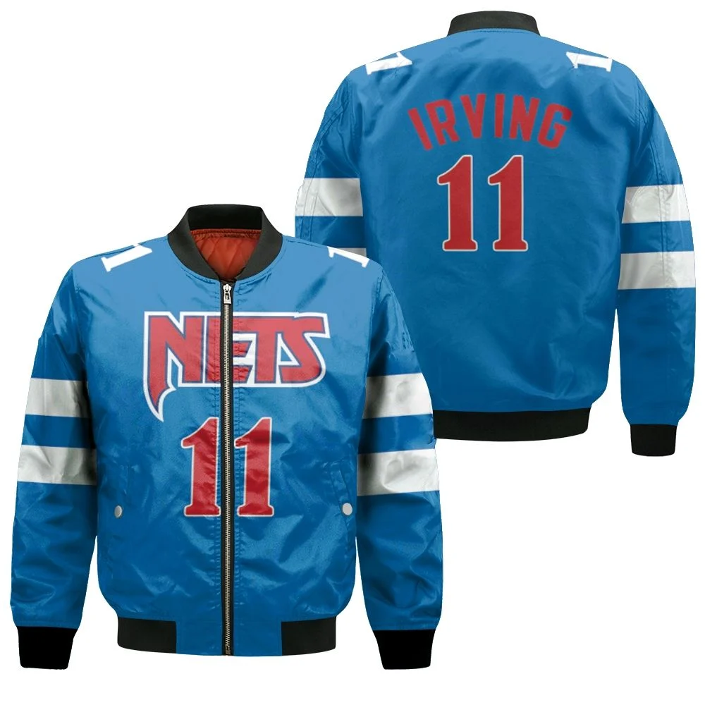 Brooklyn Nets Kyrie Irving 11 2020 Nba Blue Jersey Bomber Jacket Brooklyn Nets Kyrie Irving 11 2020 Nba Blue Jersey Bomber Jacket