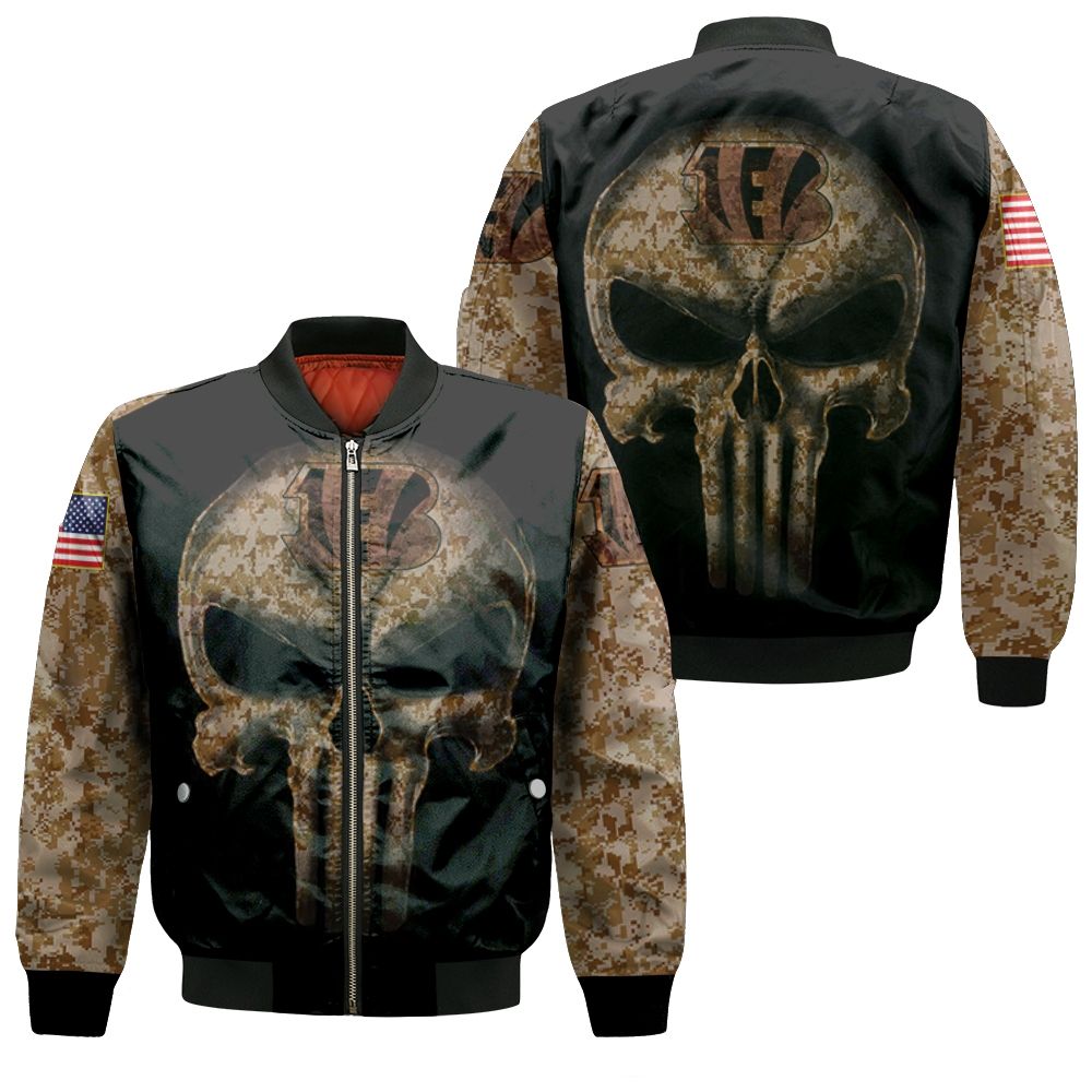 Camouflage Skull Cincinnati Bengals American Flag Bomber Jacket Camouflage Skull Cincinnati Bengals American Flag Bomber Jacket