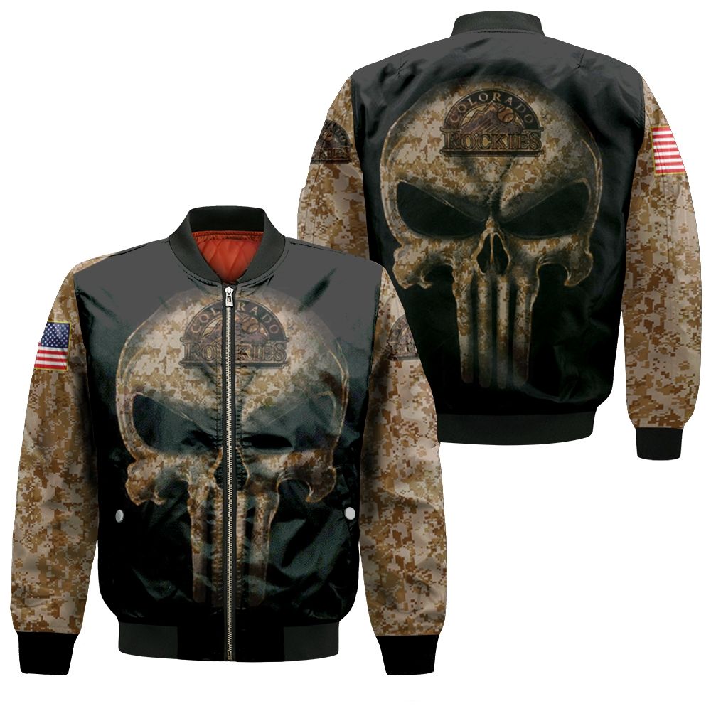 Camouflage Skull Colorado Rockies American Flag Bomber Jacket Camouflage Skull Colorado Rockies American Flag Bomber Jacket