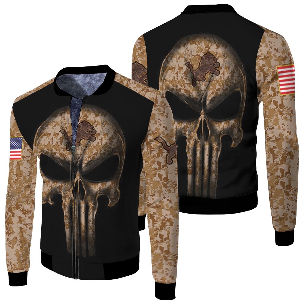 Camouflage Skull Detroit Lions American Flag Fleece Bomber Jacket Camouflage Skull Detroit Lions American Flag Fleece Bomber Jacket