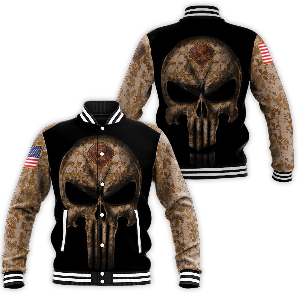 Camouflage Skull Philadelphia Phillies American Flag Baseball Jacket Camouflage Skull Philadelphia Phillies American Flag Baseball Jacket