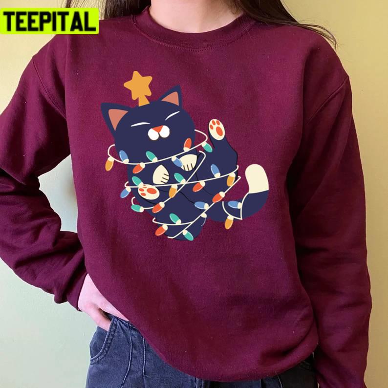 Christmas Kitty Wraped In Christmas Light Unisex Sweatshirt Christmas Kitty Wraped In Christmas Light Unisex Sweatshirt