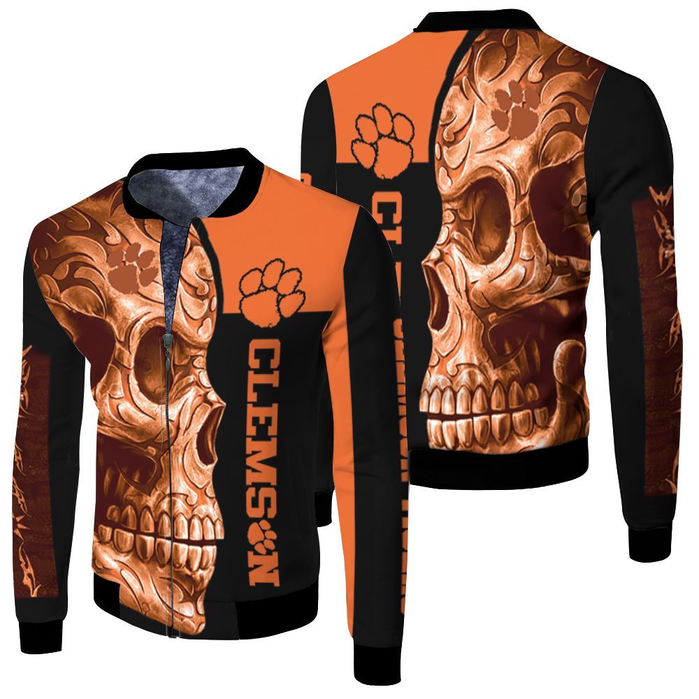 Clemson Tigers Ncaa Skull 3d Jersey Fleece Bomber Jacket Clemson Tigers Ncaa Skull 3d Jersey Fleece Bomber Jacket