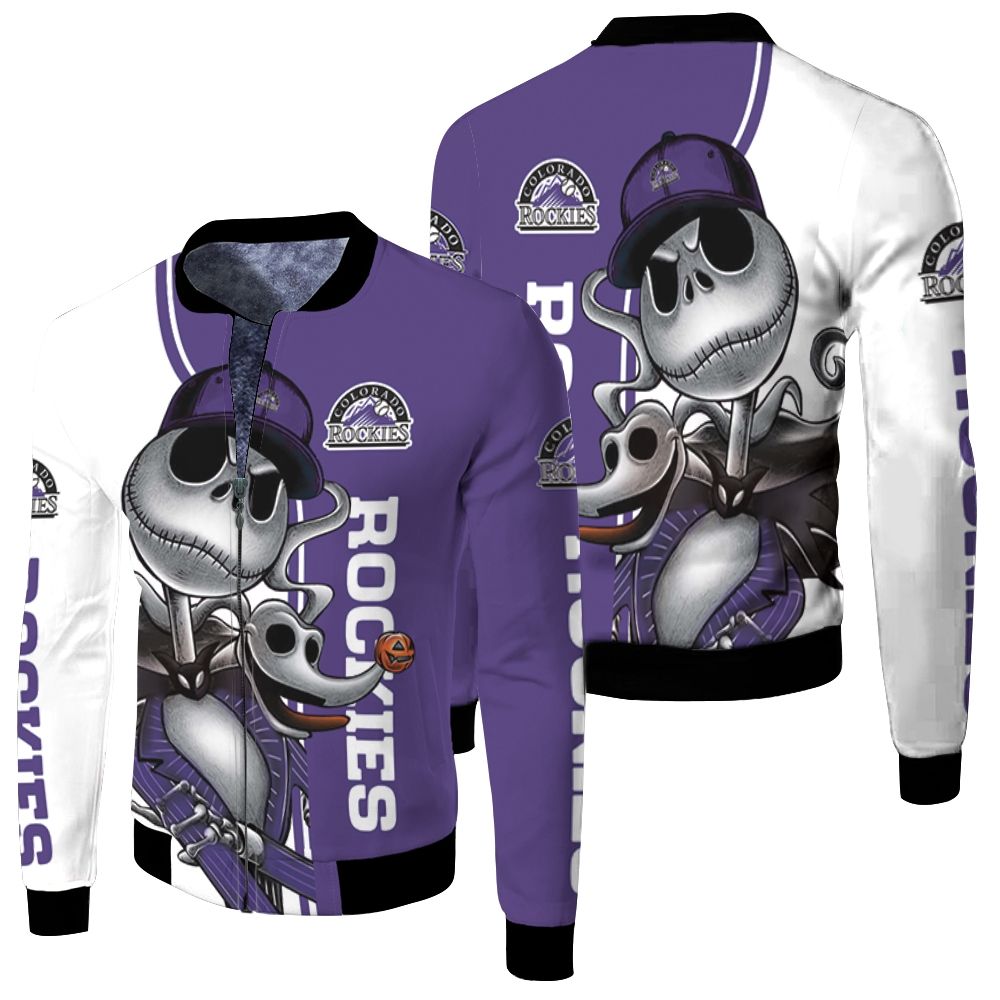 Colorado Rockies Jack Skellington And Zero Fleece Bomber Jacket Colorado Rockies Jack Skellington And Zero Fleece Bomber Jacket