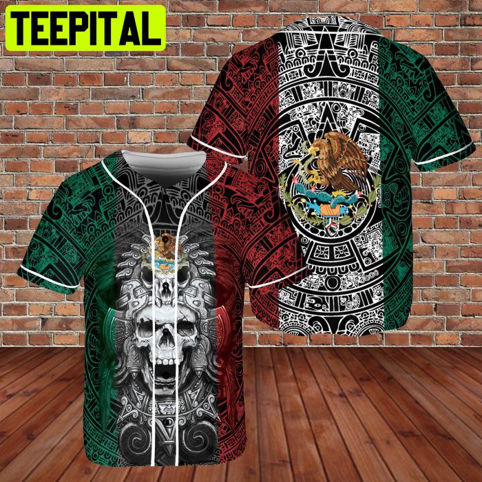 Custom Name Mexico Aztec Warrior Skull Flag AOP Baseball Jersey Custom Name Mexico Aztec Warrior Skull Flag AOP Baseball Jersey