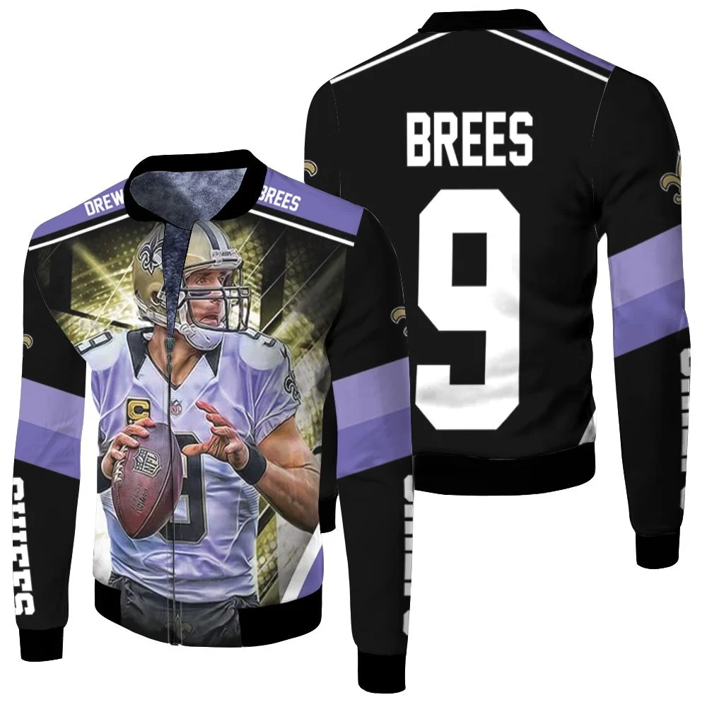 Drew Brees 9 New Orleans Saints Purple Fleece Bomber Jacket Drew Brees 9 New Orleans Saints Purple Fleece Bomber Jacket