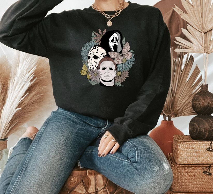 Floral Horror Characters Halloween Sweatshirt Floral Horror Characters Halloween Sweatshirt
