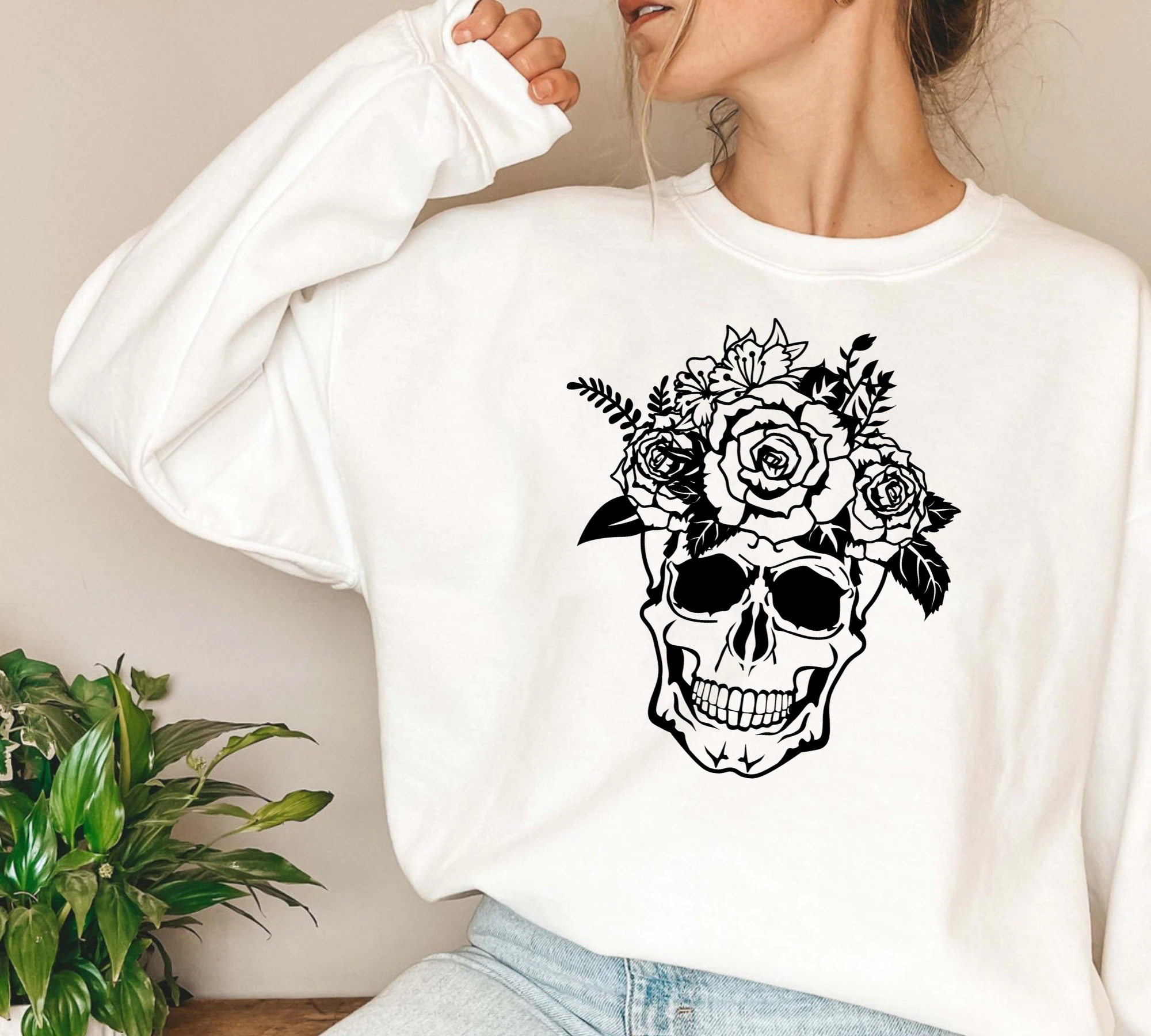 Flowers Skull Skull Skeleton Skeleton Funny Pumpkin Halloween Unisex Sweatshirt Flowers Skull Skull Skeleton Skeleton Funny Pumpkin Halloween Unisex Sweatshirt