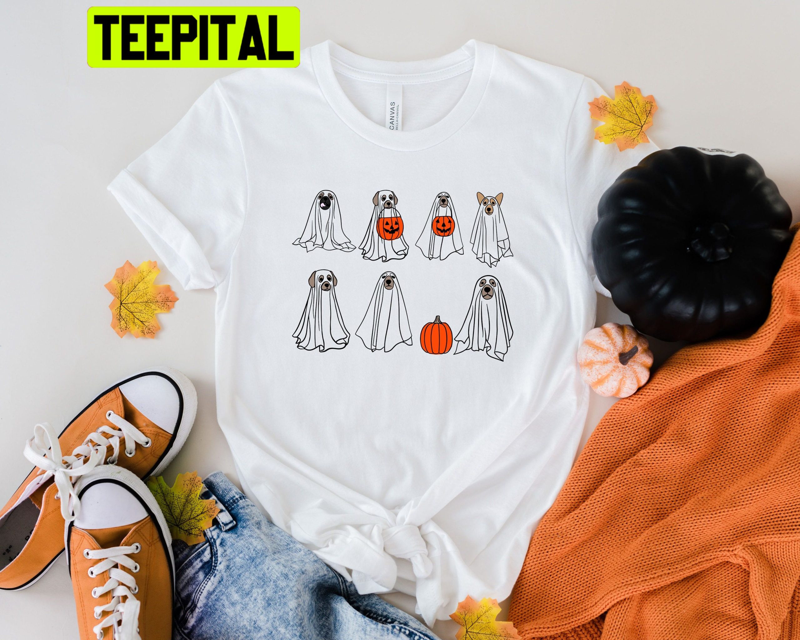 Ghost Dog And Pumpkin Halloween Trending Unisex Shirt Ghost Dog And Pumpkin Halloween Trending Unisex Shirt