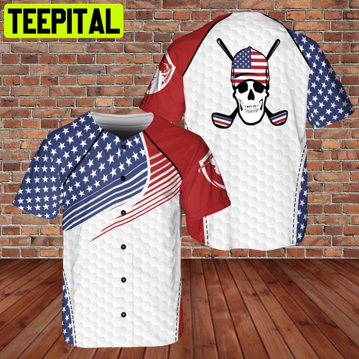 Golfer Skull Playing Golf United States US Flag 3D BaseBall Jersey WhiteRed Color Golfer Skull Playing Golf United States US Flag 3D BaseBall Jersey WhiteRed Color