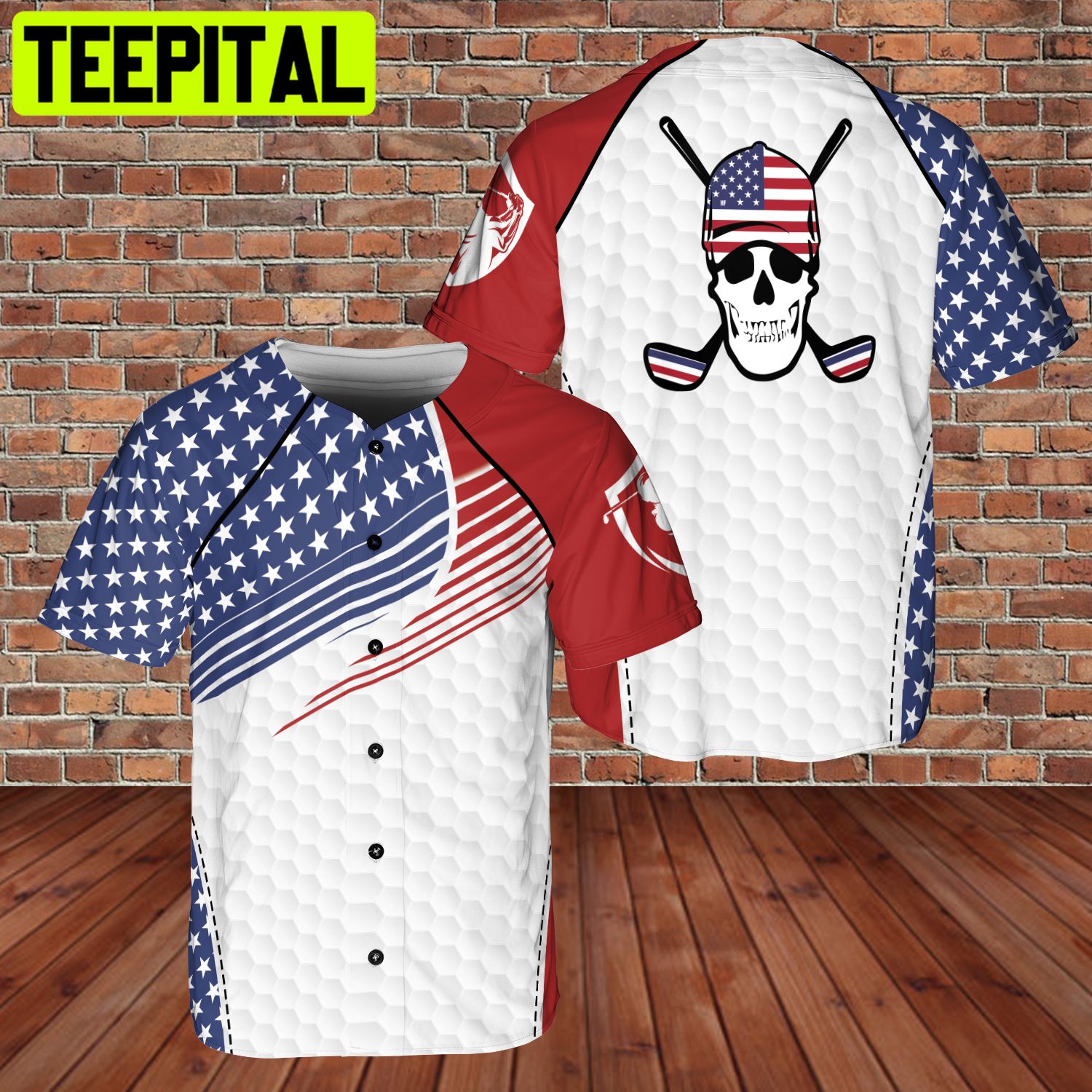 Golfer Skull Playing Golf United States US Flag 3D BaseBall Jersey WhiteRed Color Golfer Skull Playing Golf United States US Flag 3D BaseBall Jersey WhiteRed Color