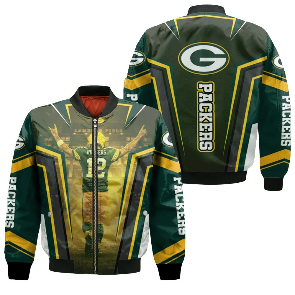 Green Bay Packers Aaron Rodgers 12 For Fans Bomber Jacket Green Bay Packers Aaron Rodgers 12 For Fans Bomber Jacket