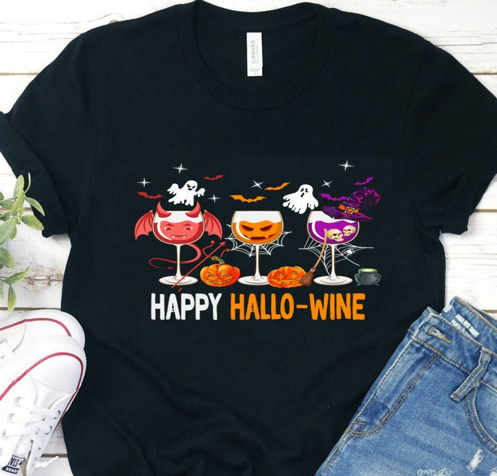 Happy Hallowine Scary Glass Wine Vampire Pumpkin Witch Hat Funny Halloween Shirt Happy Hallowine Scary Glass Wine Vampire Pumpkin Witch Hat Funny Halloween Shirt