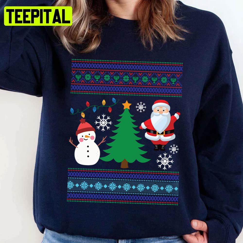 Happy Snowman With Santa Claus And A Christmas Tree Unisex Sweatshirt Happy Snowman With Santa Claus And A Christmas Tree Unisex Sweatshirt