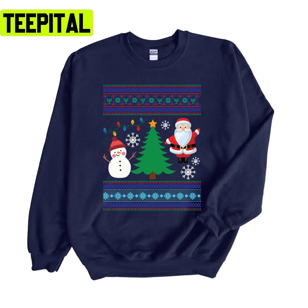 Happy Snowman With Santa Claus And A Christmas Tree Unisex Sweatshirt Happy Snowman With Santa Claus And A Christmas Tree Unisex Sweatshirt