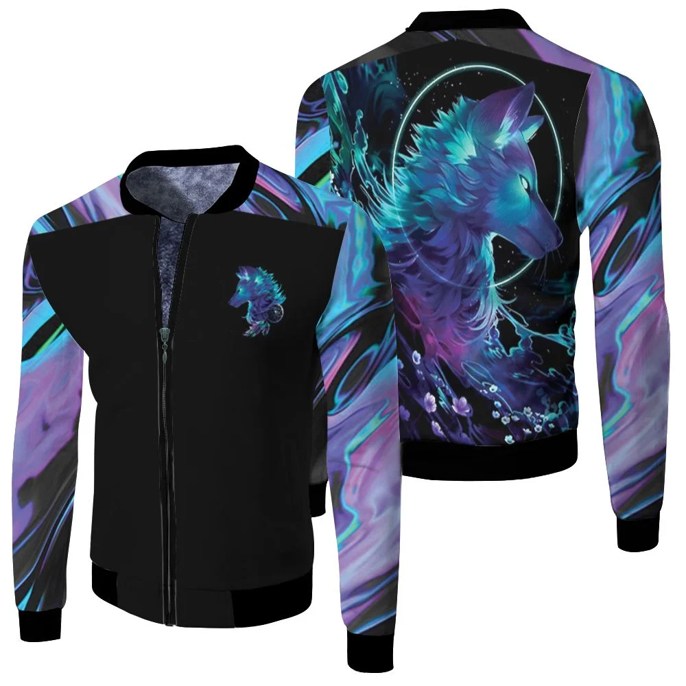 Holographic Wolf 3d Fleece Bomber Jacket Holographic Wolf 3d Fleece Bomber Jacket
