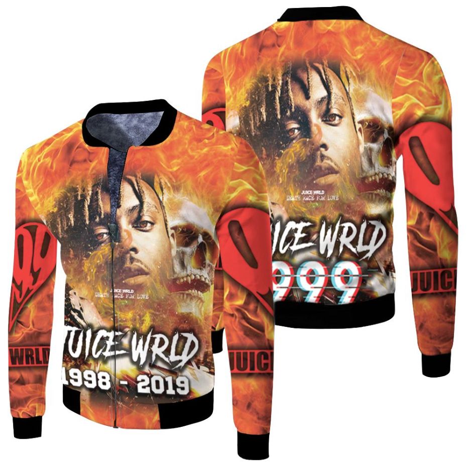 Juice Wrld 999 Death Race For Love Skull Fire Fleece Bomber Jacket Juice Wrld 999 Death Race For Love Skull Fire Fleece Bomber Jacket