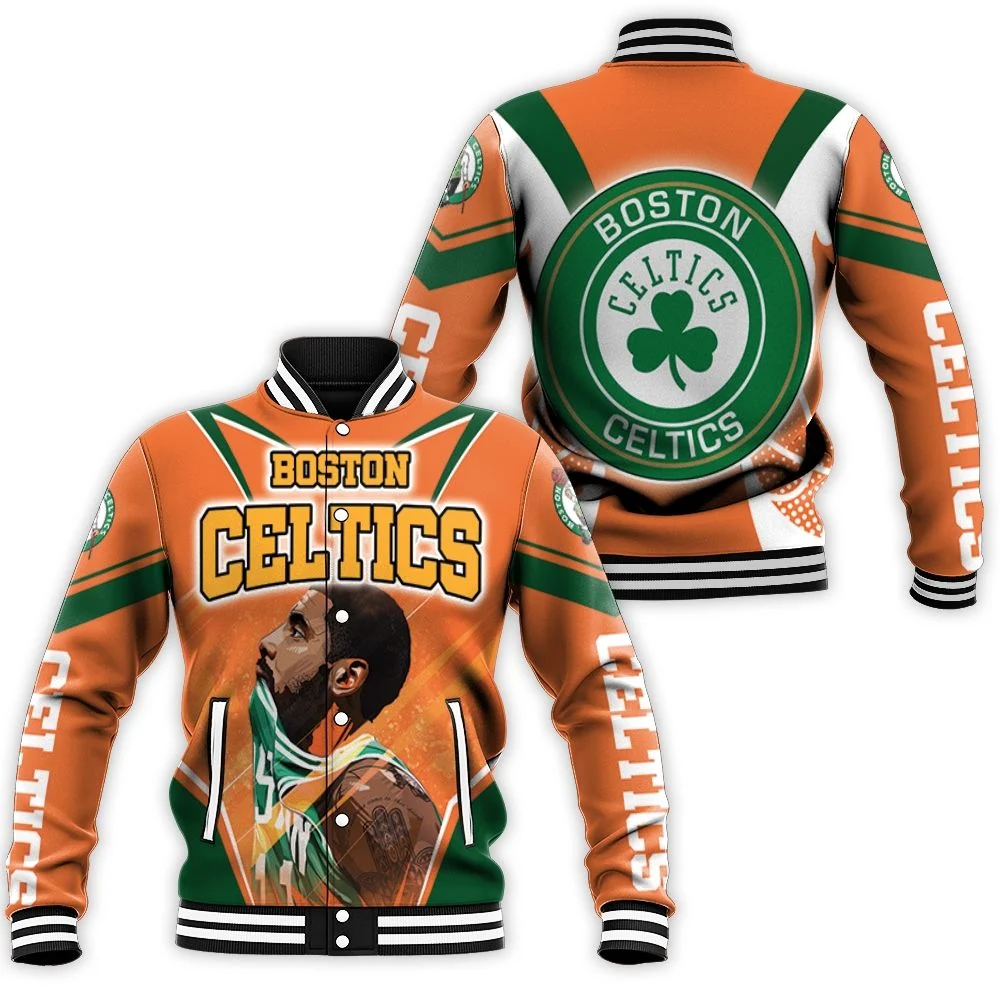 Kyrie Irving 11 Boston Celtics Orange Background Baseball Jacket Kyrie Irving 11 Boston Celtics Orange Background Baseball Jacket