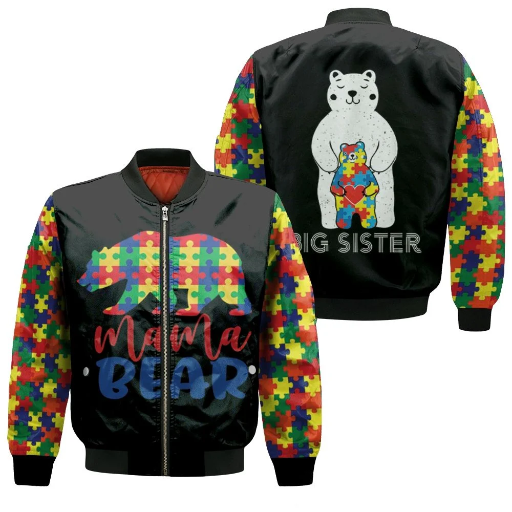 Mama Bear Big Sister Autism Support Bomber Jacket Mama Bear Big Sister Autism Support Bomber Jacket