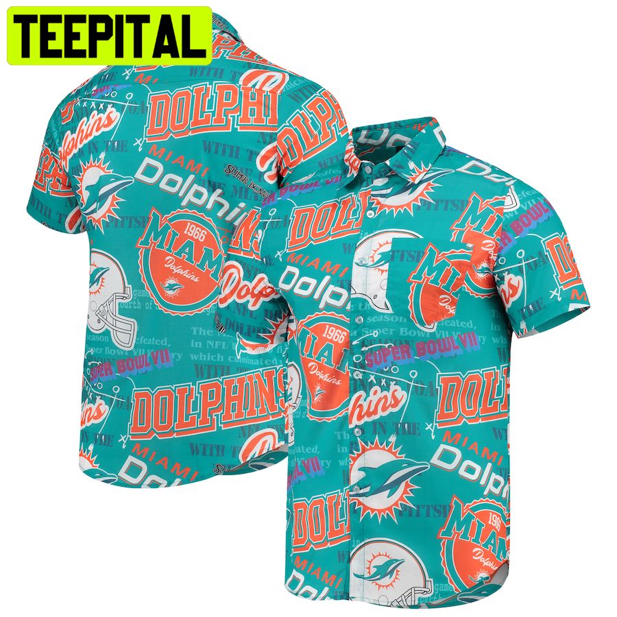 Miami Dolphins FOCO Thematic Button Up Aqua Hawaiian Shirt Miami Dolphins FOCO Thematic Button Up Aqua Hawaiian Shirt