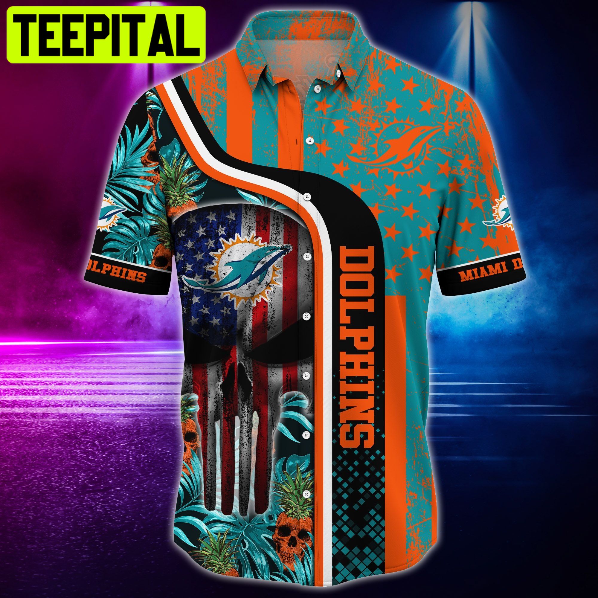 Miami Dolphins NFL and T-shirt Skull Tropical Hawaiian Shirt Miami Dolphins NFL and T-shirt Skull Tropical Hawaiian Shirt