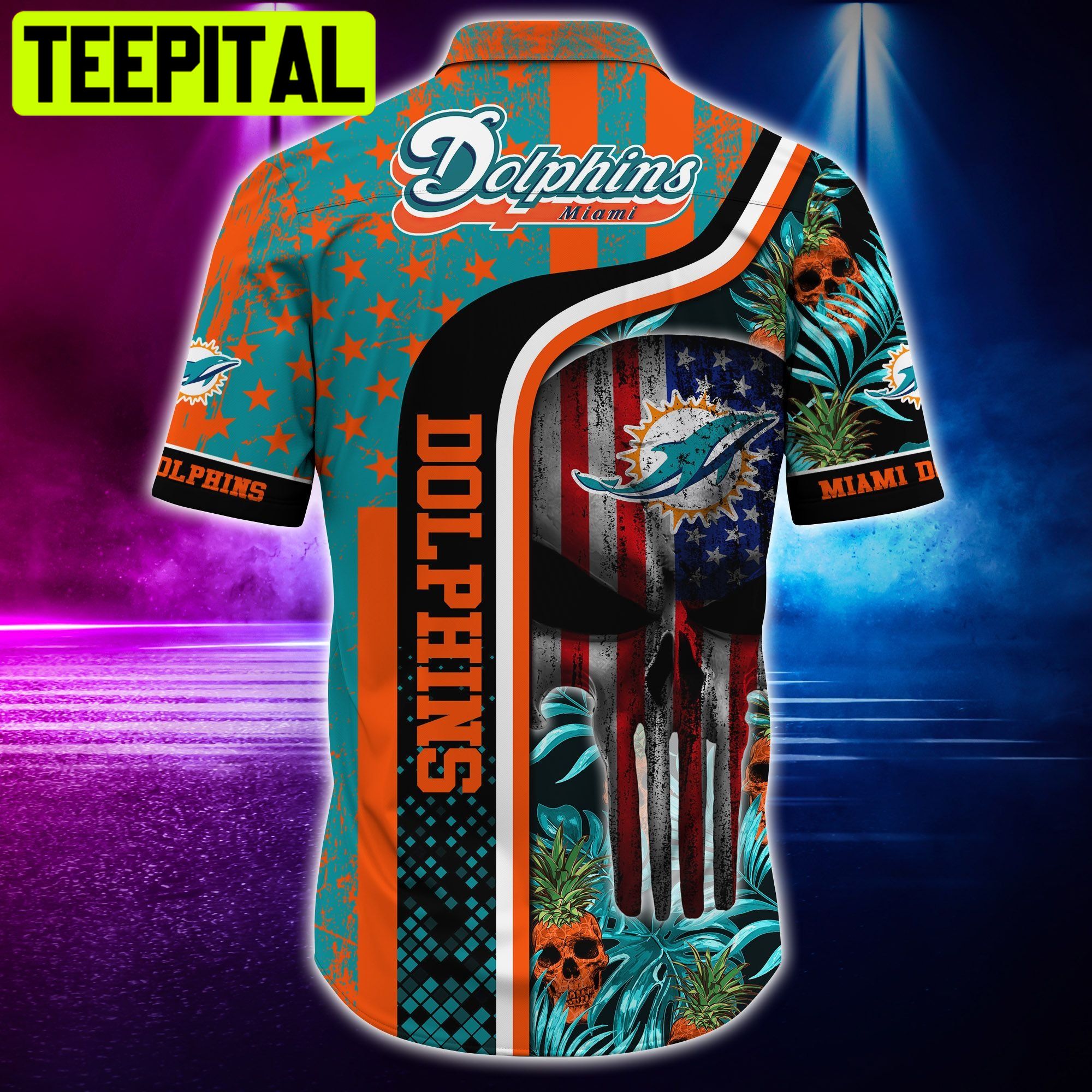 Miami Dolphins NFL and T-shirt Skull Tropical Hawaiian Shirt Miami Dolphins NFL and T-shirt Skull Tropical Hawaiian Shirt