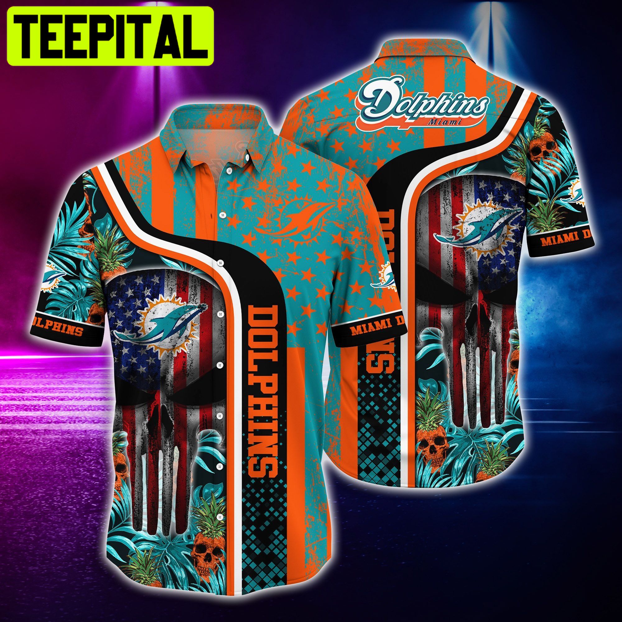 Miami Dolphins NFL and T-shirt Skull Tropical Hawaiian Shirt Miami Dolphins NFL and T-shirt Skull Tropical Hawaiian Shirt