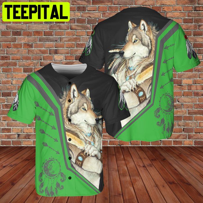 Native Wolf DreamCatcher AOP Baseball Jersey Green Black Style Native Wolf DreamCatcher AOP Baseball Jersey Green Black Style