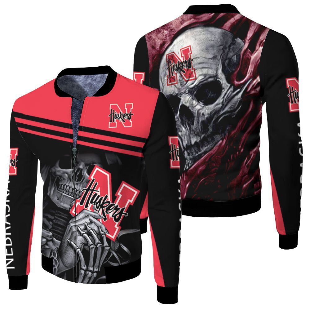 Nebraska Huskers Maiden Skull Fan 3d Jersey Fleece Bomber Jacket Nebraska Huskers Maiden Skull Fan 3d Jersey Fleece Bomber Jacket