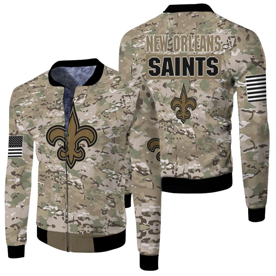 New Orleans Saints Camouflage Veteran 3d Jersey Fleece Bomber Jacket New Orleans Saints Camouflage Veteran 3d Jersey Fleece Bomber Jacket
