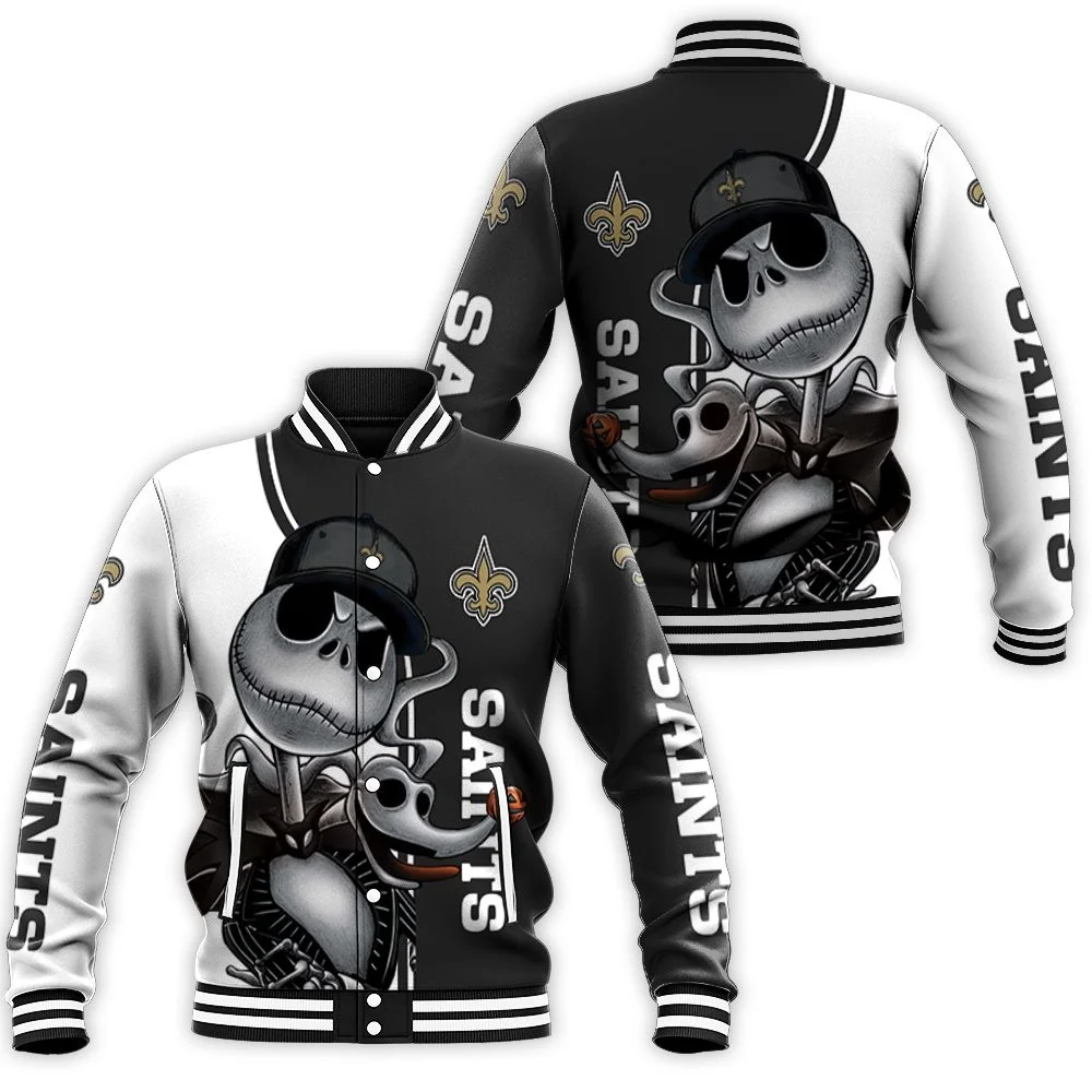 New Orleans Saints Jack Skellington And Zero Baseball Jacket New Orleans Saints Jack Skellington And Zero Baseball Jacket