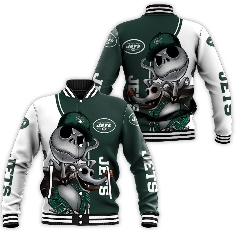 New York Jets Jack Skellington And Zero Baseball Jacket New York Jets Jack Skellington And Zero Baseball Jacket