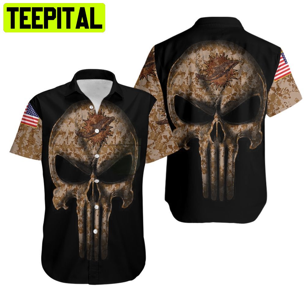 NFL Miami Dolphins Camouflage Skull American Flag Hawaiian Shirt NFL Miami Dolphins Camouflage Skull American Flag Hawaiian Shirt