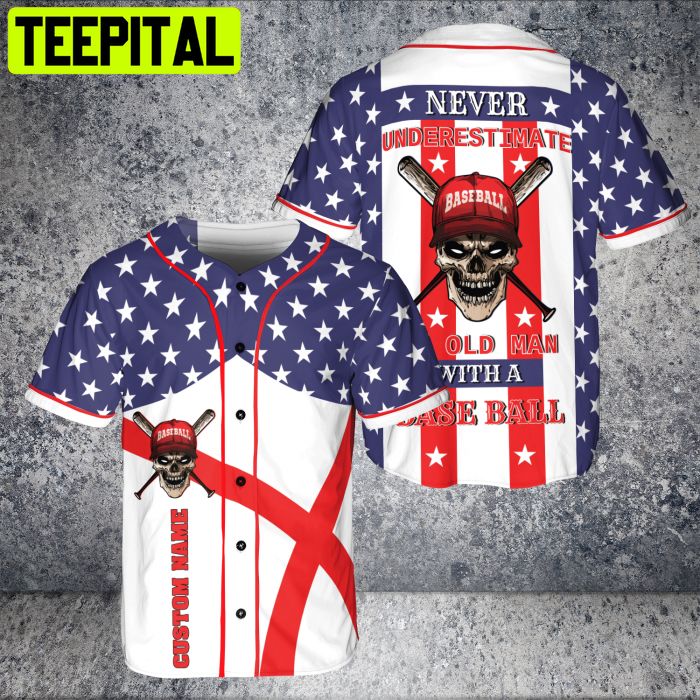Old Man With Playing Baseball - Never Underestimate US Flag Custom Name BaseBall Jersey Old Man With Playing Baseball - Never Underestimate US Flag Custom Name BaseBall Jersey