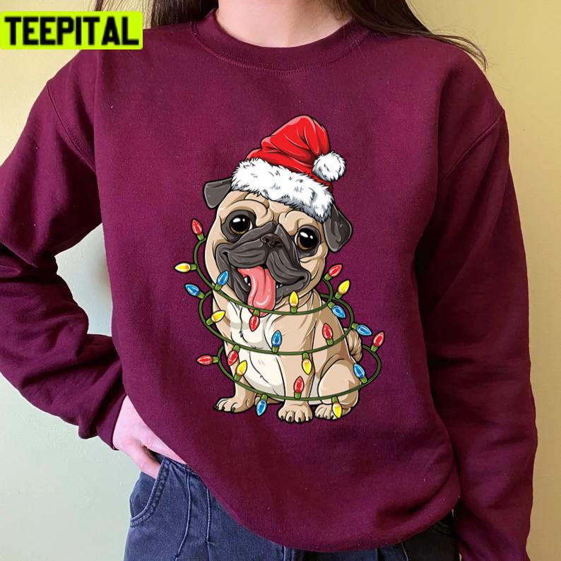 Pug Christmas Santa Hat Xmas Lights Boys Pugmas Dog Design Unisex Sweatshirt Pug Christmas Santa Hat Xmas Lights Boys Pugmas Dog Design Unisex Sweatshirt