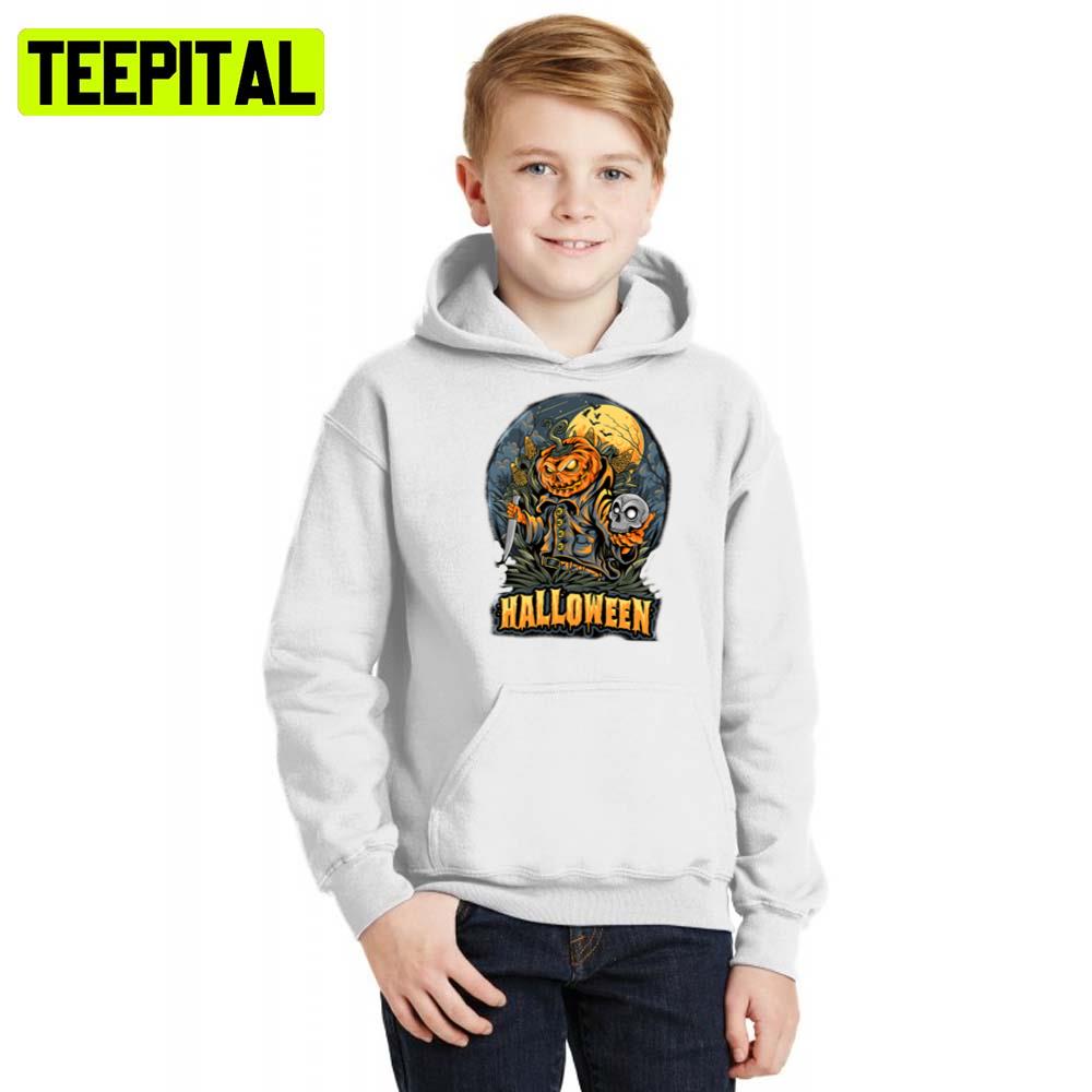 Scarecrow Skull Head And Pumpkins Halloween Illustration Hoodie Scarecrow Skull Head And Pumpkins Halloween Illustration Hoodie